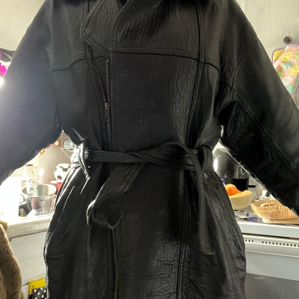 Black Leather Jacket with Wrap Style and Belt